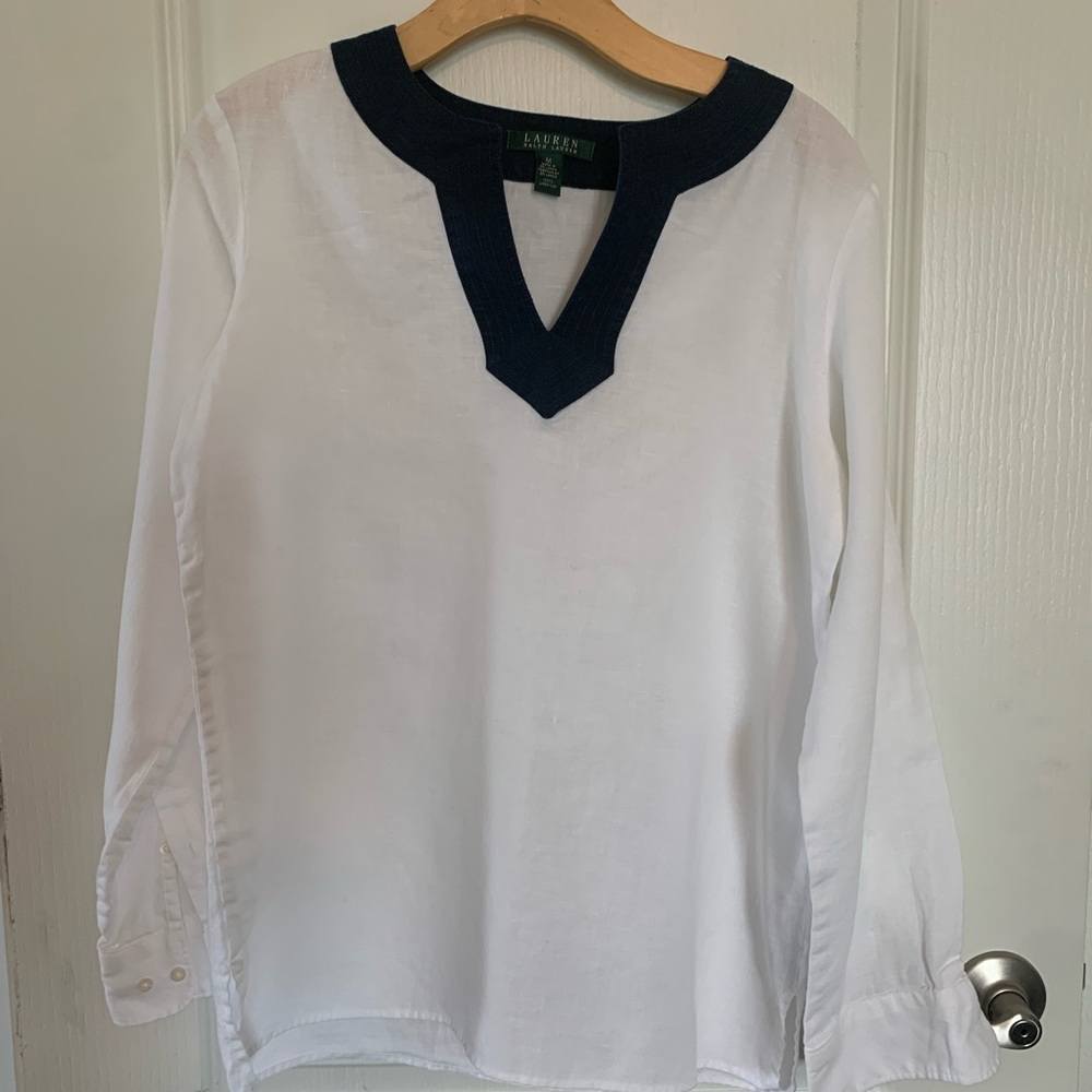 Lauren Ralph Lauren White Navy Trim Linen Top Tab Sleeve Blouse